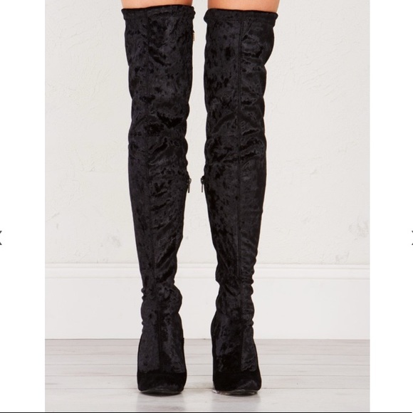 crushed velvet thigh high boots